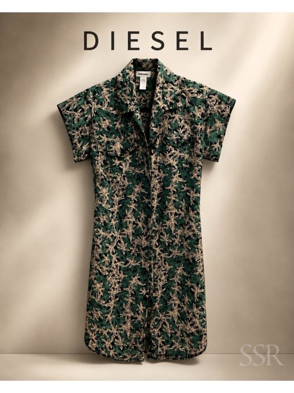 Diesel Floral Utility Shirt Dress XS Green Botanical Print 100% Cotton Button Fr